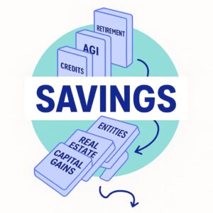 A diagram showing how various financial strategies flow into 'SAVINGS'. The strategies include Retirement, AGI, Credits, Entities, Real Estate, and Capital Gains.