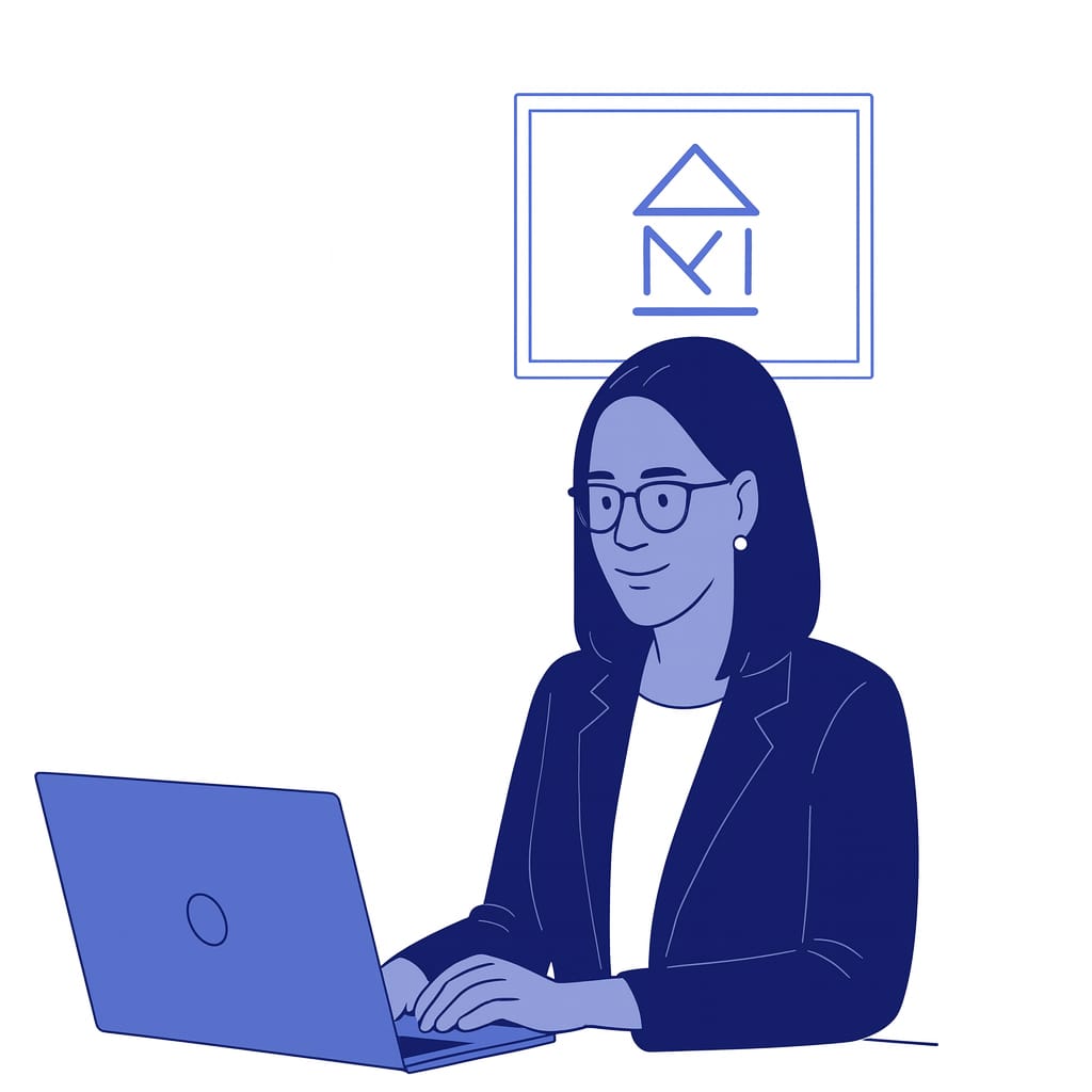 A professional woman working on a laptop in an office with the MERNA logo on the wall behind her.