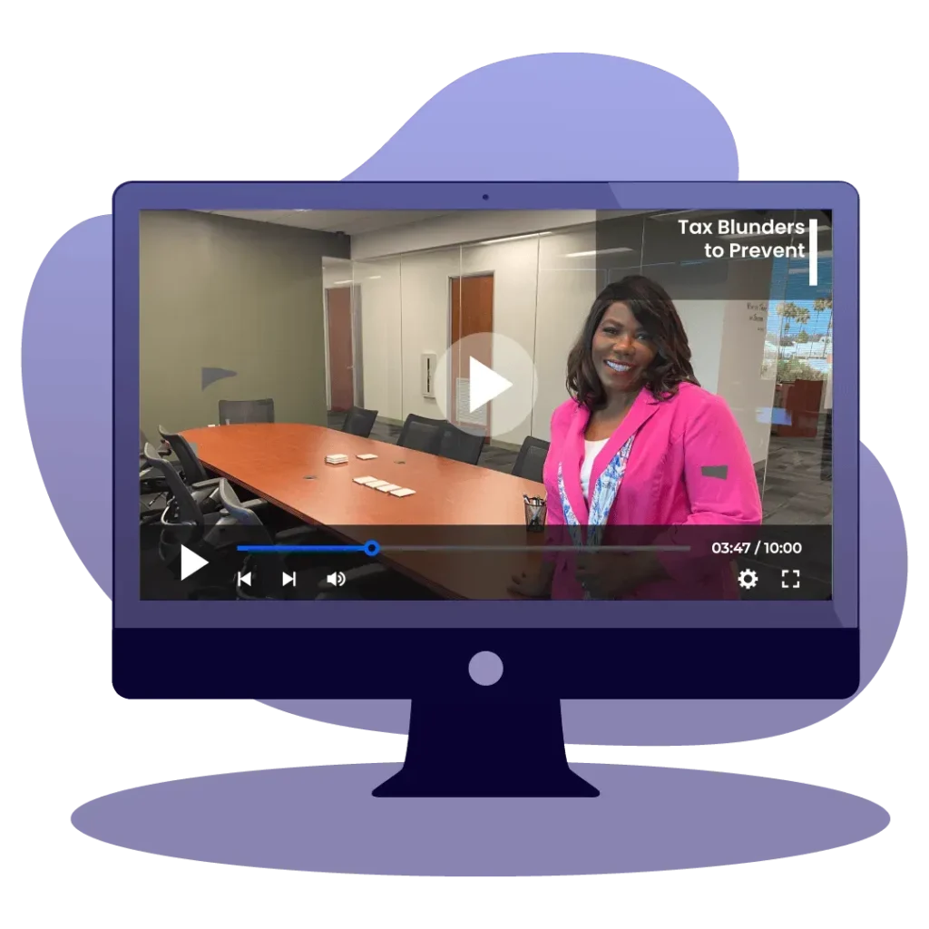 An illustration of a computer monitor showing a video titled 'Tax Blunders to Prevent' featuring Karla Dennis in an office setting.