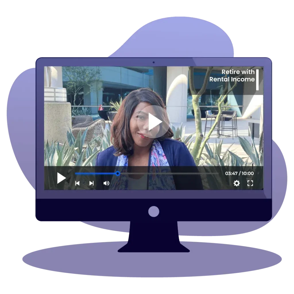 An illustration of a computer monitor showing a video titled 'Retire with Rental Income' featuring Karla Dennis.