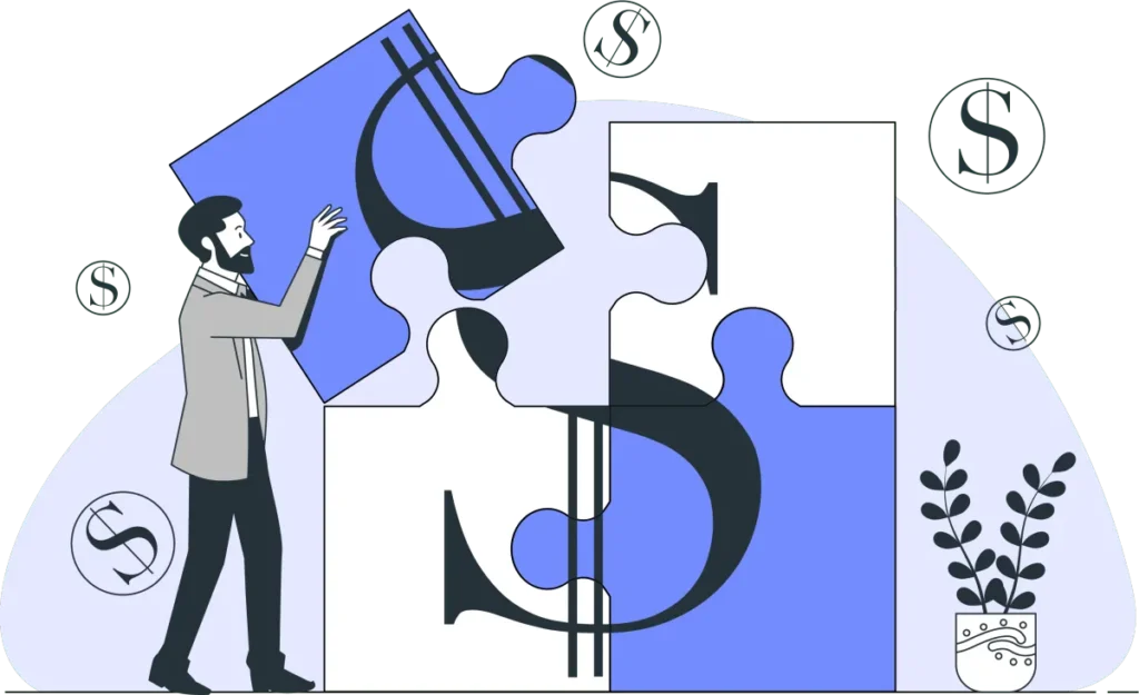 An illustration of a man putting together a large puzzle that forms a dollar sign, representing financial planning and building wealth.