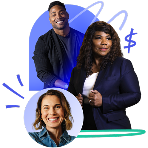 A collage of professional team members, with decorative elements and a dollar sign - starring Karlton Dennis and Karla Dennis.