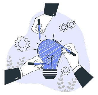 An illustration of multiple hands working together to draw a large lightbulb, representing collaborative brainstorming and strategy.