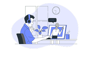 An illustration of a support agent with headphones working at a computer and communicating with a client.