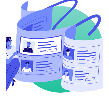 An illustration of a person scrolling through a long, continuous list of user profiles, representing a tax network or community.