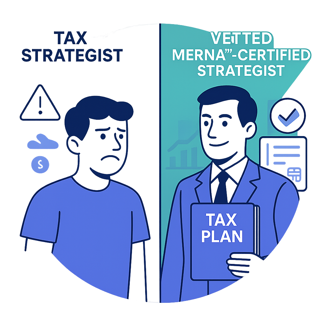 A sad man labeled "Tax Strategist" is contrasted with a confident, smiling "Vetted MERNA™-Certified Strategist" holding a tax plan.