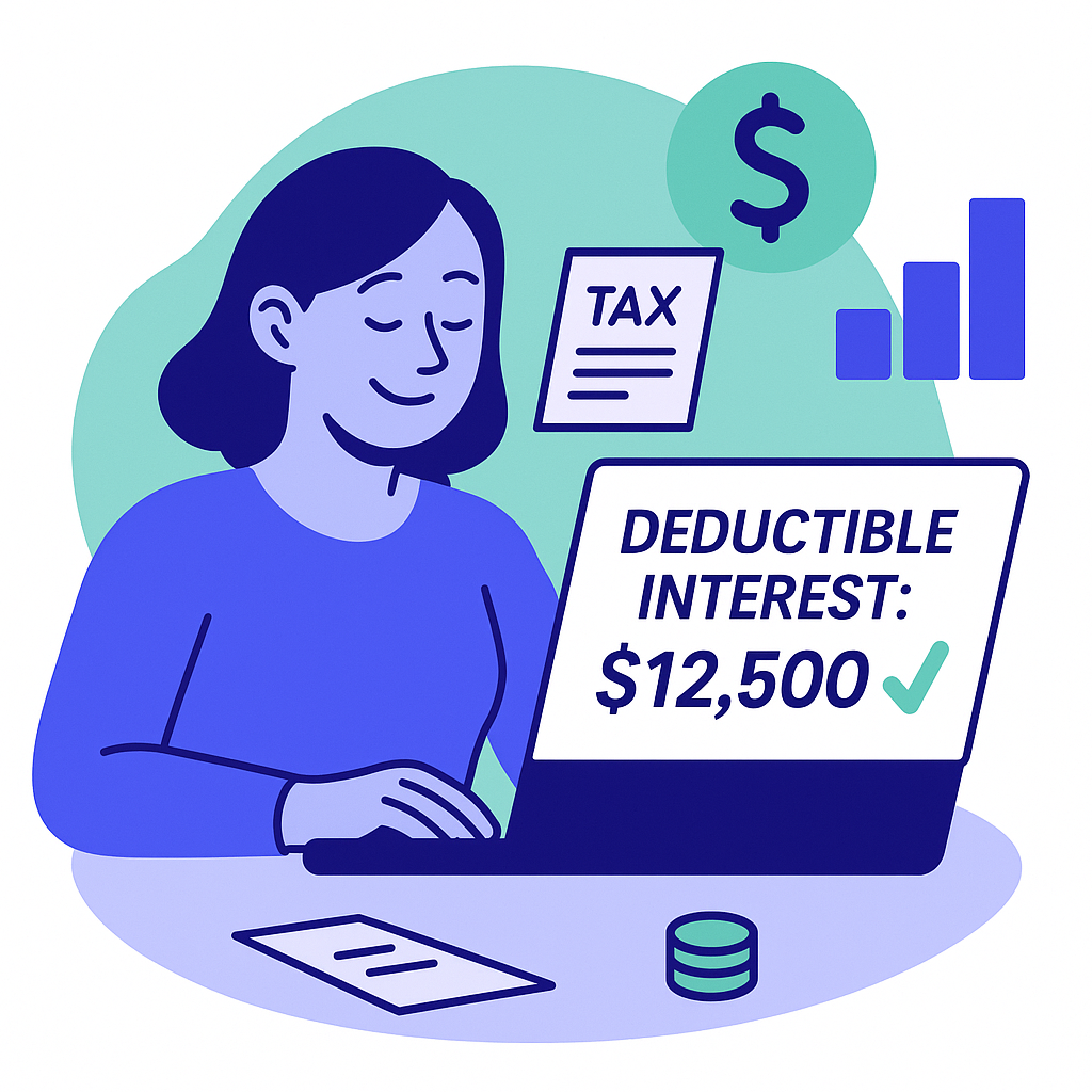 Illustration of a woman at a laptop showing a 'Deductible Interest' of $12,500, with a checkmark indicating it's a benefit.