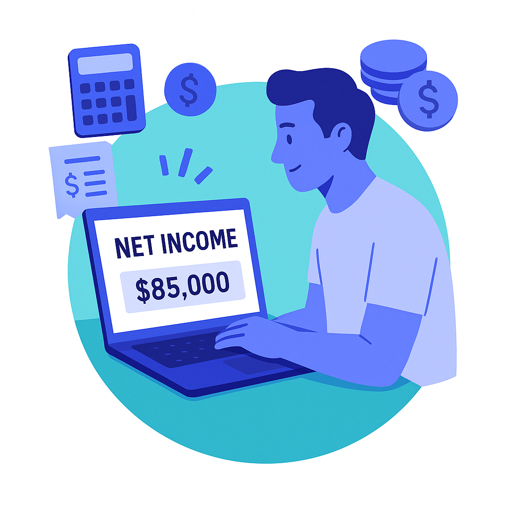 Illustration of a person looking at a laptop that displays a 'Net Income' of $85,000.