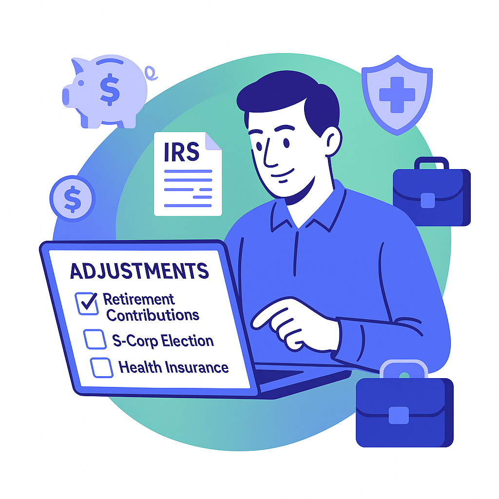 Illustration of a person at a laptop reviewing tax adjustments. The screen shows a checklist with 'Retirement Contributions' checked, and 'S-Corp Election' and 'Health Insurance' unchecked.