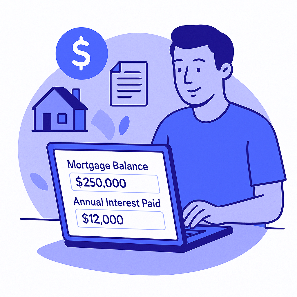 Illustration of a person at a laptop reviewing their mortgage details. The screen shows a 'Mortgage Balance' of $250,000 and 'Annual Interest Paid' of $12,000.
