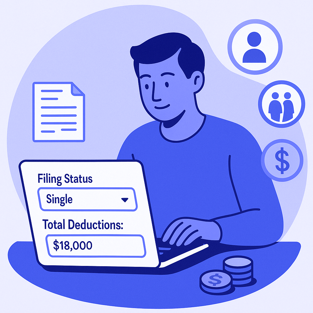 llustration of a person at a laptop showing their tax filing information: 'Filing Status' is 'Single' and 'Total Deductions' are '$18,000'.