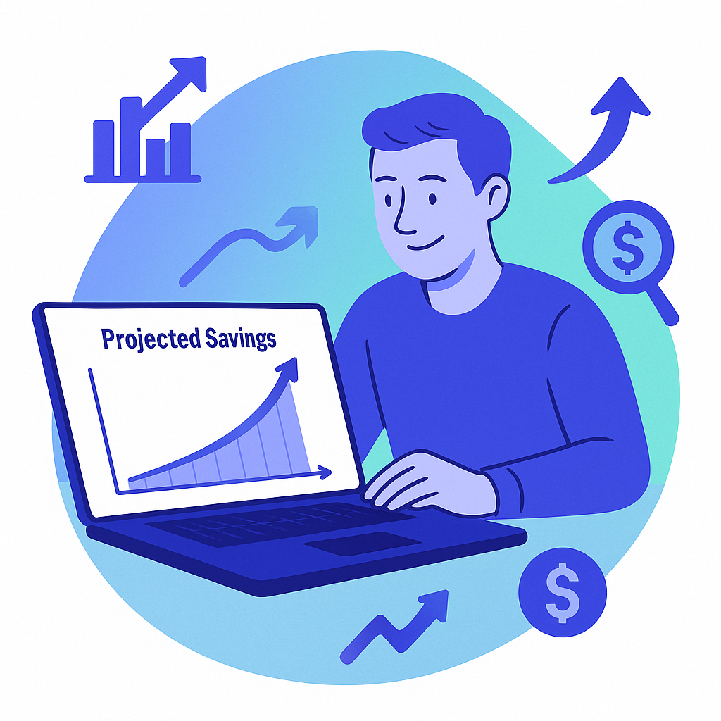Illustration of a person looking at a laptop that displays a graph of 'Projected Savings' growing over time.