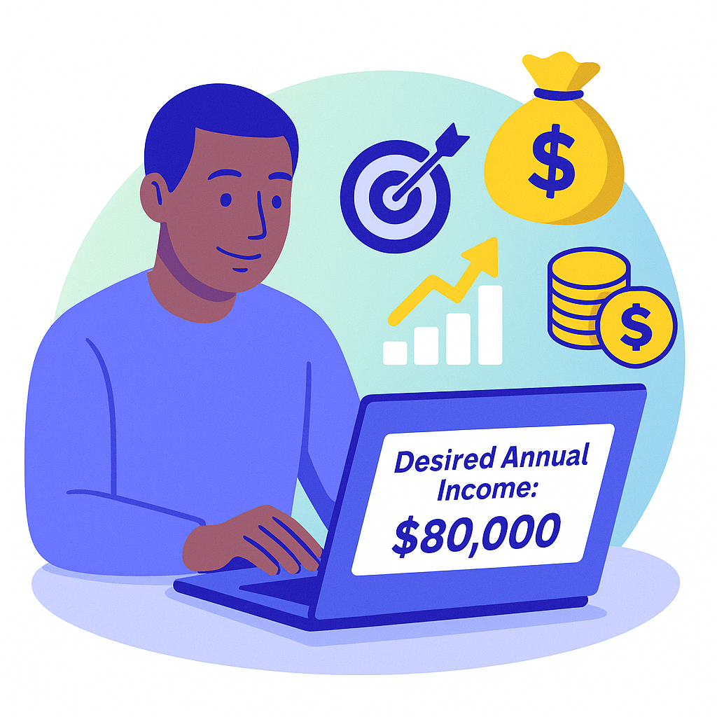 Illustration of a person at a laptop setting a 'Desired Annual Income' goal of $80,000 for retirement.