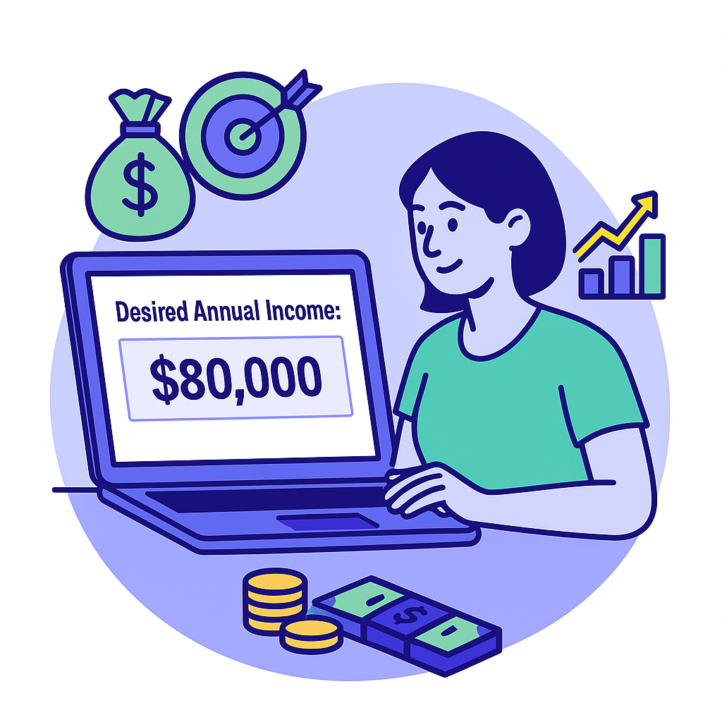 Illustration of a woman at a laptop setting a 'Desired Annual Income' goal of $80,000 for her retirement planning.