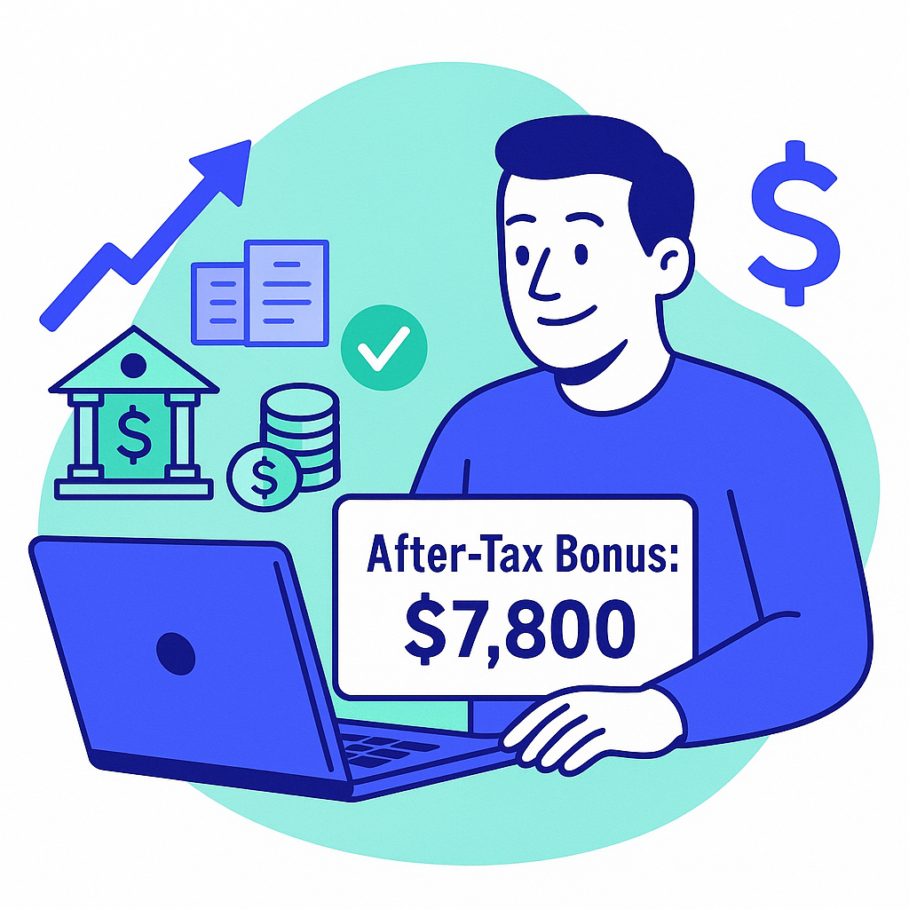 Illustration of a person looking at a laptop that shows their 'After-Tax Bonus' is $7,800.