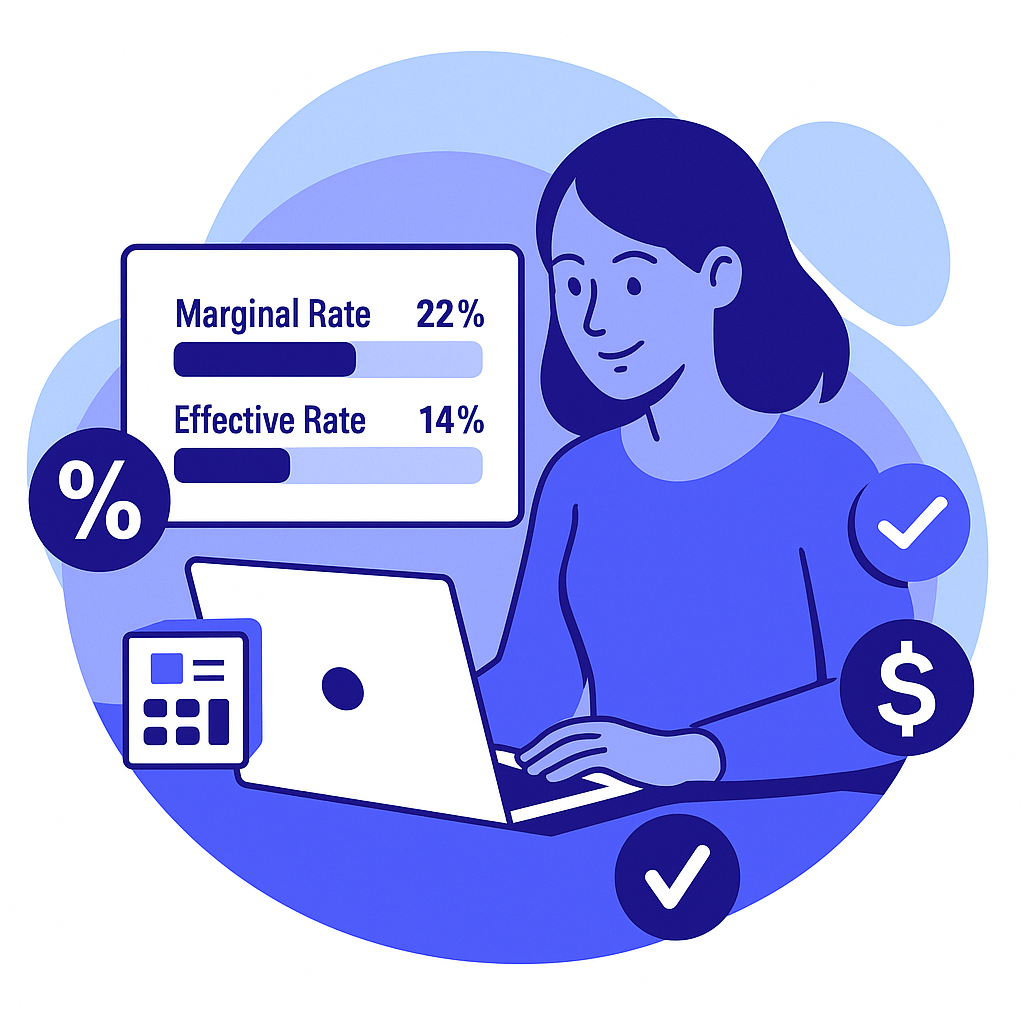 Illustration of a woman at a laptop reviewing her tax rates. A pop-up shows a 'Marginal Rate' of 22% and an 'Effective Rate' of 14%.