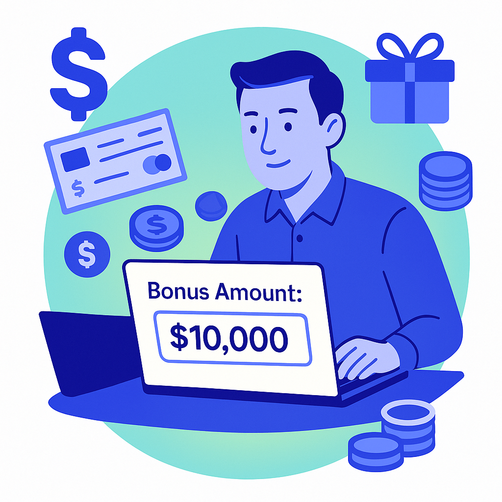Illustration of a person entering a 'Bonus Amount' of $10,000 into a calculator.