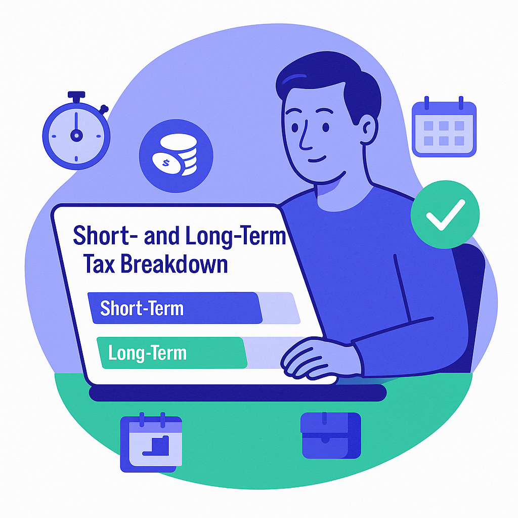 Illustration of a person at a laptop reviewing a 'Short- and Long-Term Tax Breakdown', with options for both Short-Term and Long-Term gains.
