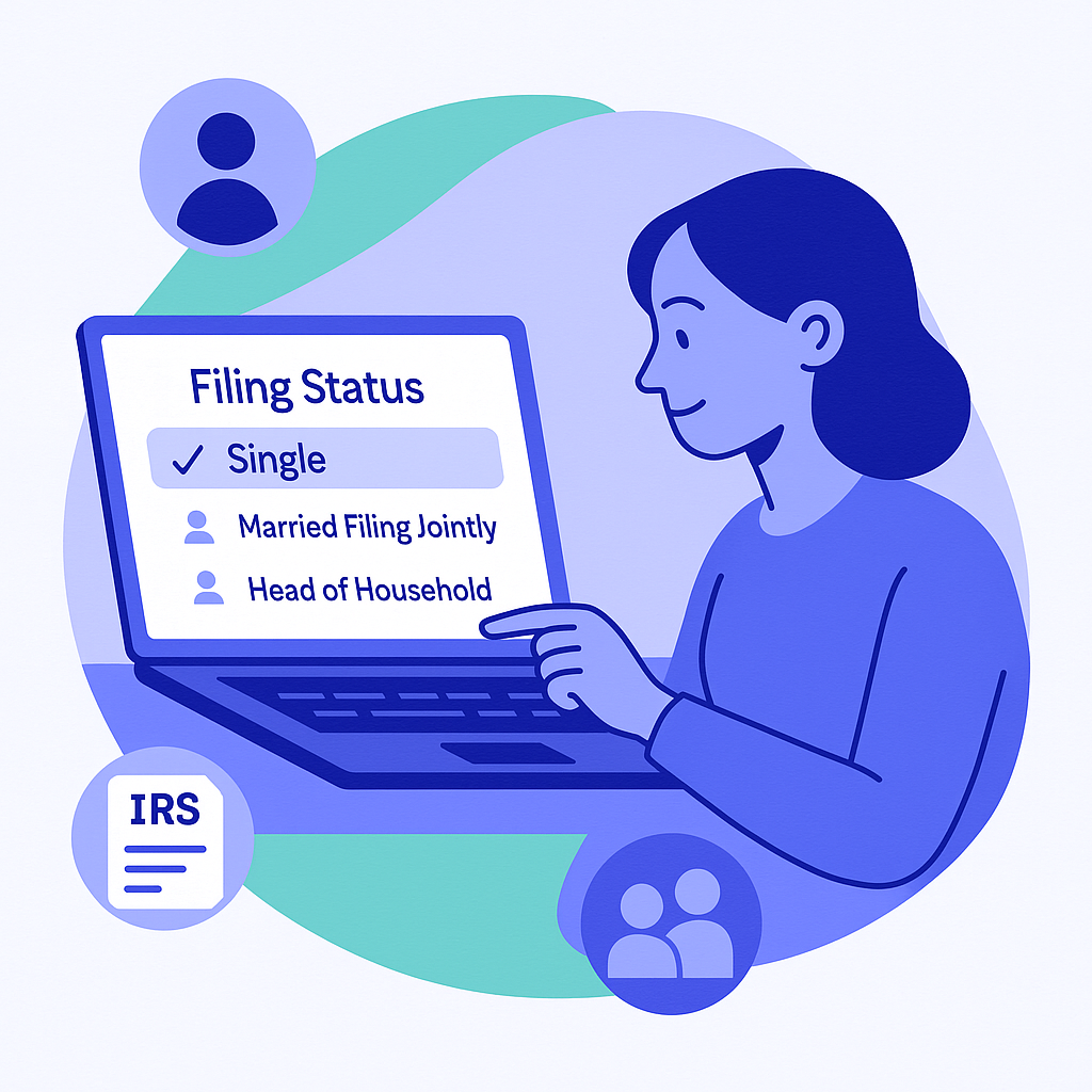 Illustration of a woman at a laptop selecting her tax 'Filing Status'. The options are 'Single', 'Married Filing Jointly', and 'Head of Household', with 'Single' being selected.