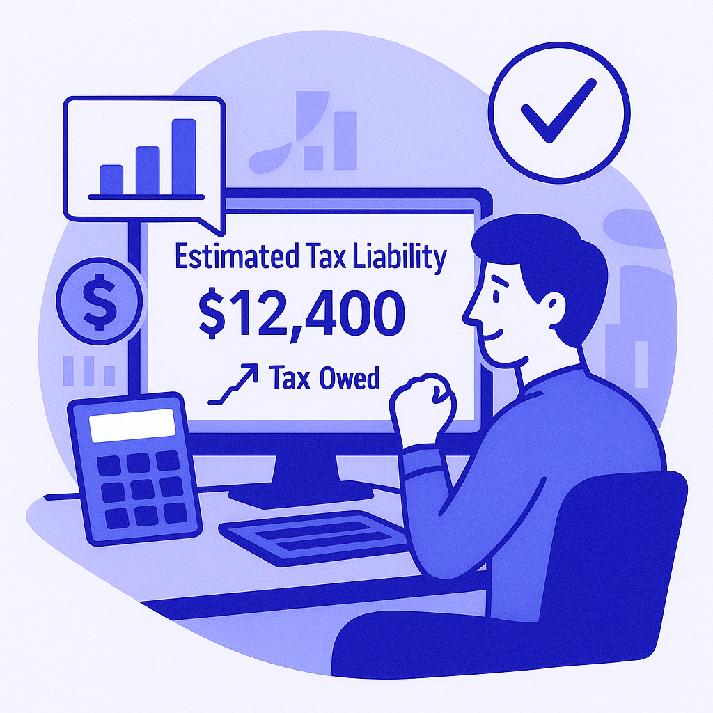 Illustration of a person looking at a computer screen that shows their 'Estimated Tax Liability' is $12,400.