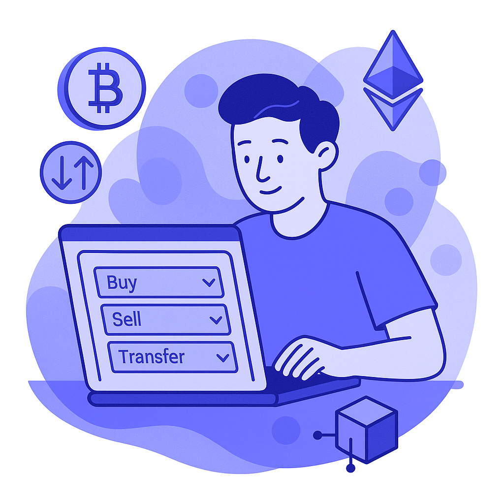 Illustration of a person at a laptop choosing a crypto transaction type, with dropdown options for 'Buy', 'Sell', and 'Transfer'.