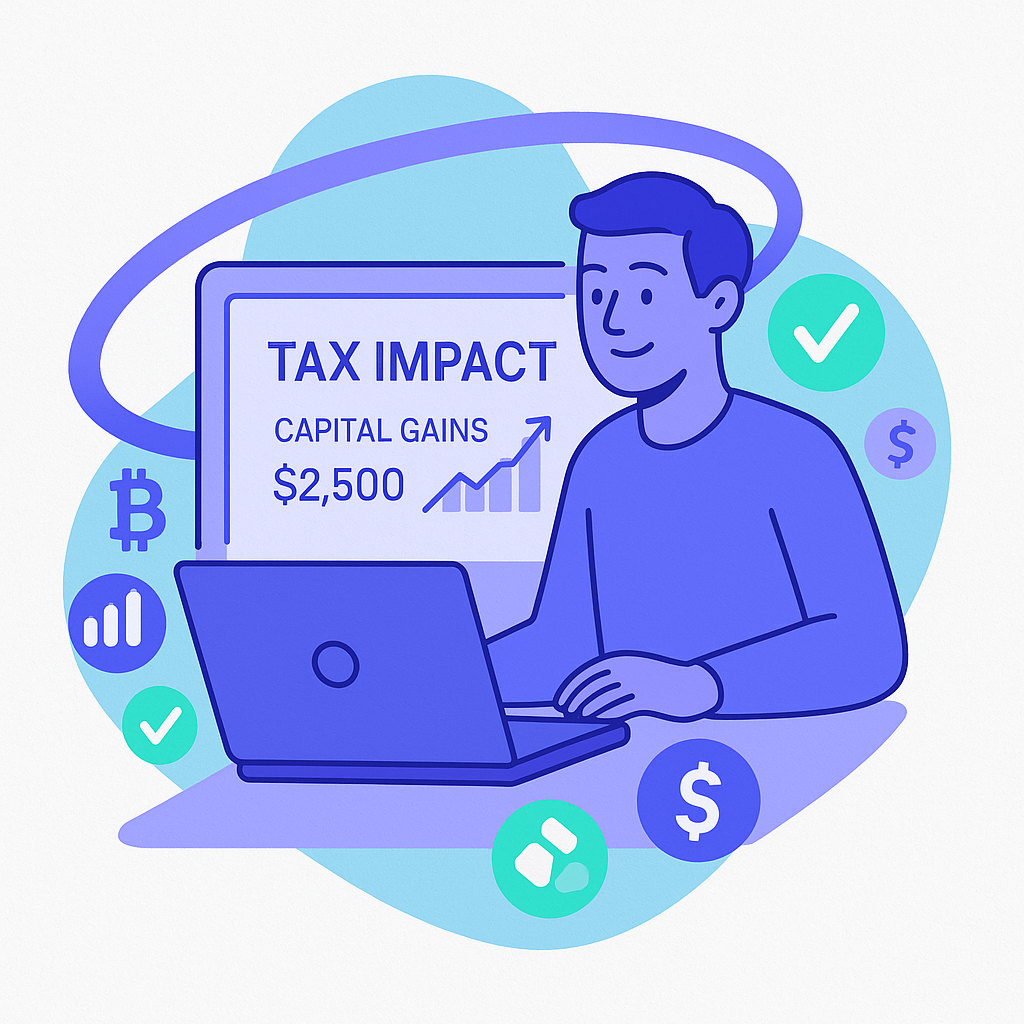 Illustration of a person at a laptop reviewing the 'Tax Impact' of their crypto 'Capital Gains', which amounts to $2,500.
