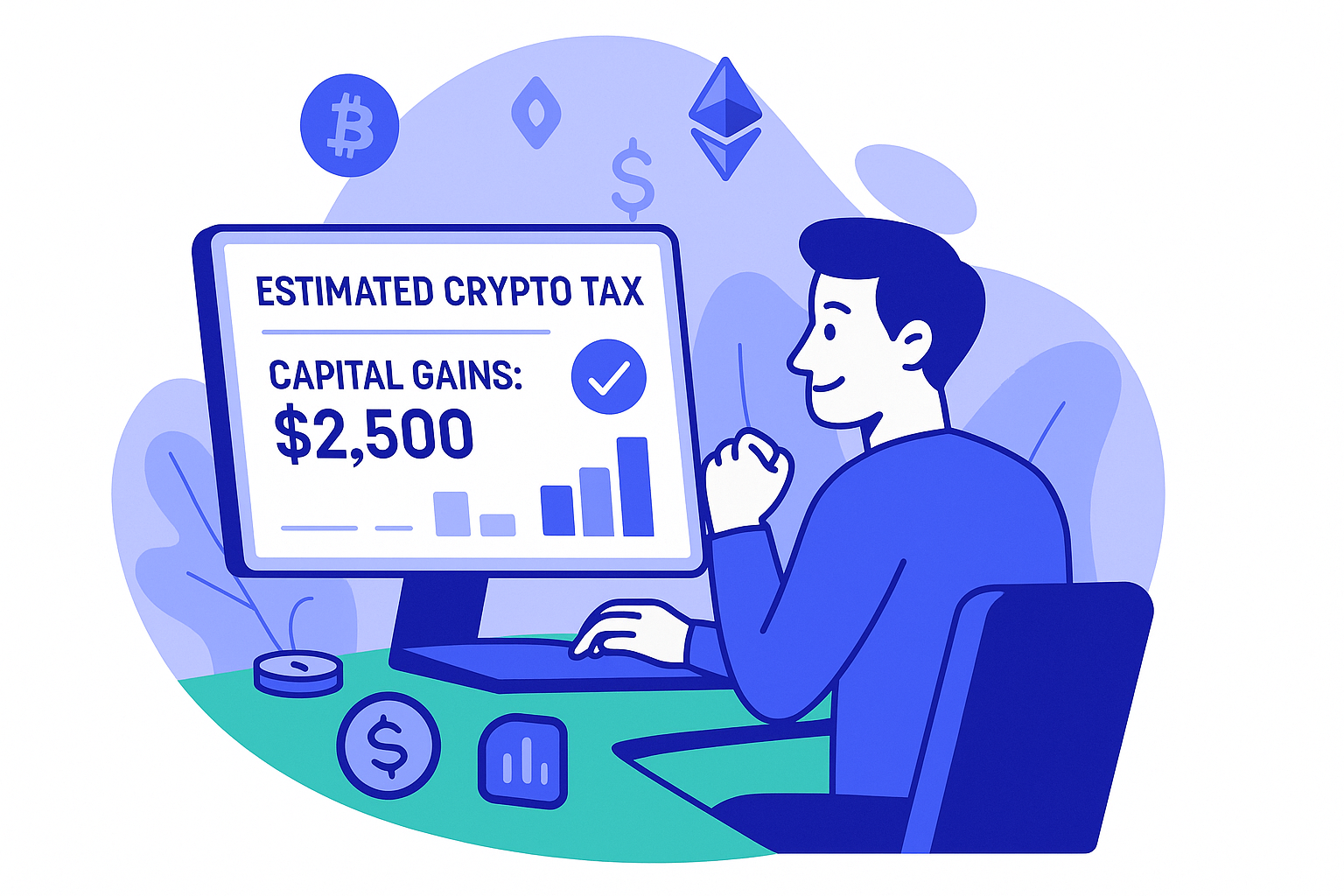 Illustration of a person looking at a computer screen that shows their 'Estimated Crypto Tax' from 'Capital Gains' is $2,500.