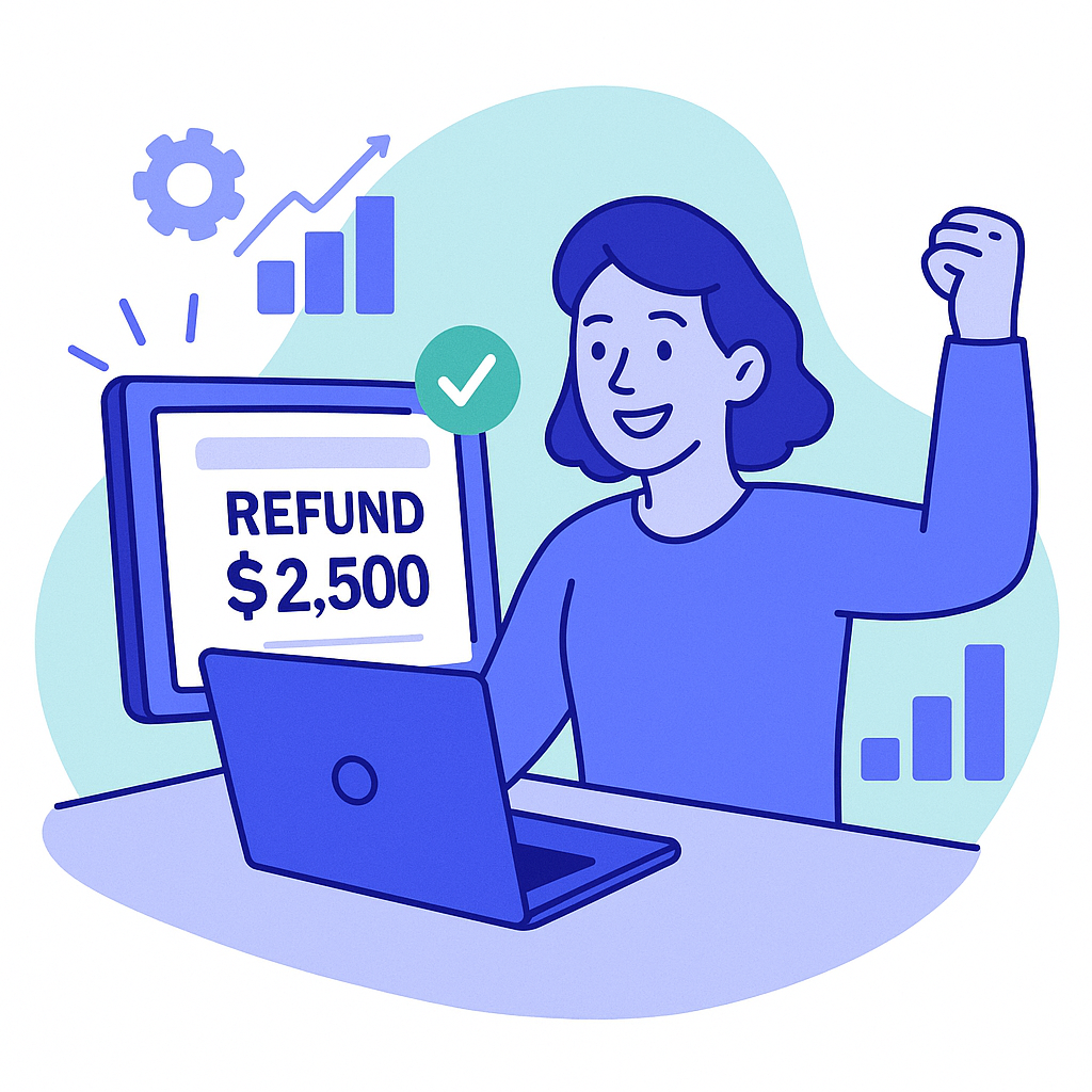 Illustration of a happy woman celebrating as her computer screen shows a tax 'REFUND' of $2,500.