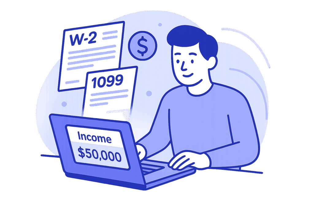 Illustration of a person entering their 'Income' of $50,000 into a laptop, with W-2 and 1099 tax forms in the background.
