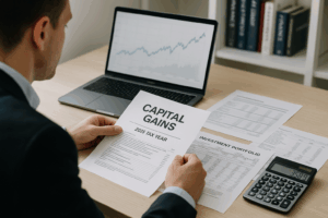 Capital gains tax planning 2025 with investment portfolio documents calculator and financial charts on professional desk
