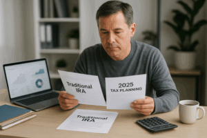 A man at his desk comparing the benefits of a Traditional IRA versus a Roth IRA for his 2025 tax planning.