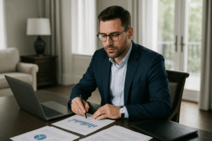 A business professional reviewing documents to implement the Augusta Rule tax strategy.