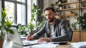 A man sits at his desk with a laptop and notebook, focused on how to reduce self-employment tax.
