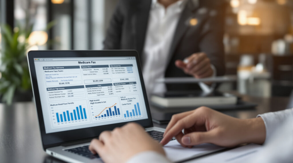 A financial advisor pointing to a bar chart on a laptop screen while explaining the high income medicare tax.