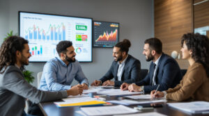 A team of financial advisors discussing the long-term stock gains tax rate in a strategy meeting.