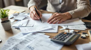 A self-employed person calculating their self employed tax deductions at a desk full of paperwork.