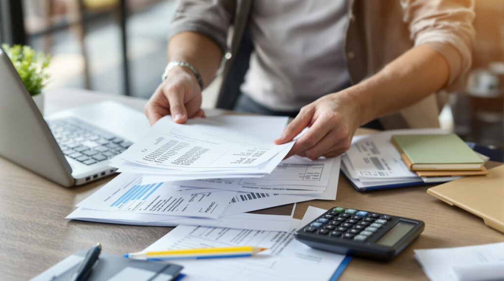 A business owner at their desk reviewing documents to find the top write-offs for their business.