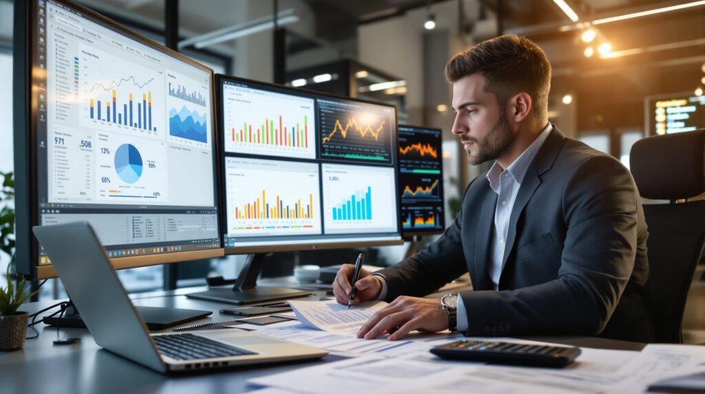 A high-income earner at his desk reviewing 5 outstanding tax strategies for 2025 on his computer monitors.