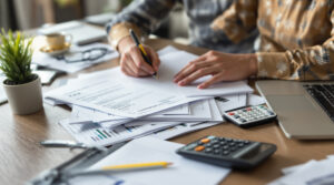 An independent contractor at a desk, reviewing documents to learn how to save money on taxes.