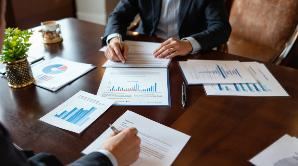 A financial advisor and client engaged in estate tax planning to protect the client's family legacy.