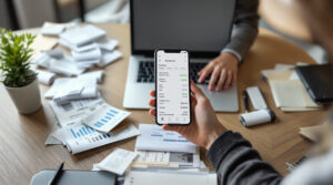 A freelancer using a smartphone, one of the best expense tracking tools for freelancers, to scan receipts on their desk.