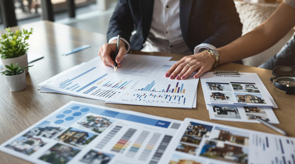 A real estate investor reviewing property photos and blueprints as part of a 1031 exchange complete strategy guide.