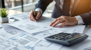 A real estate investor reviewing architectural plans and financial documents for a cost segregation study.