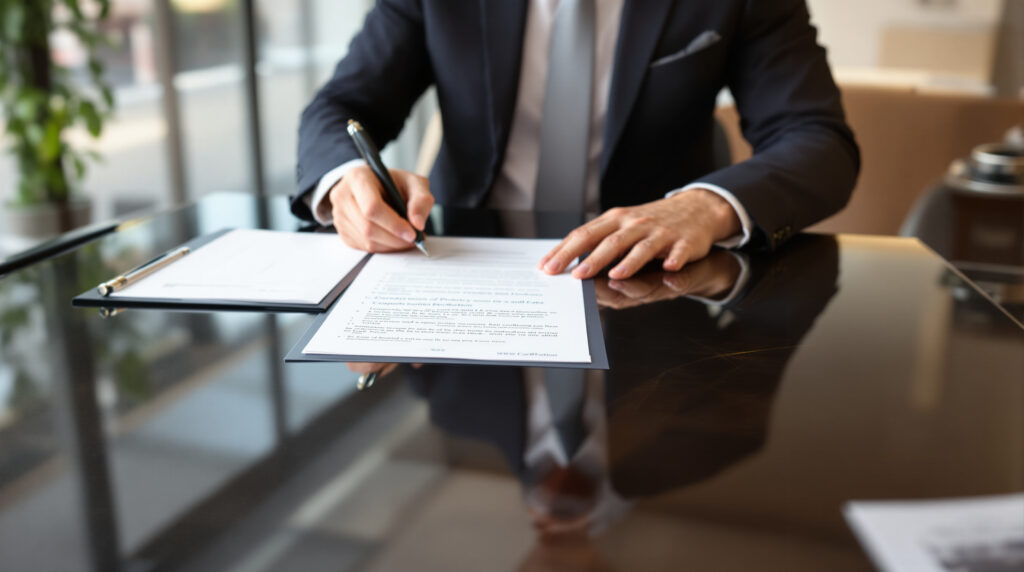 A person signing legal documents to complete the charitable donation of property for tax benefits.