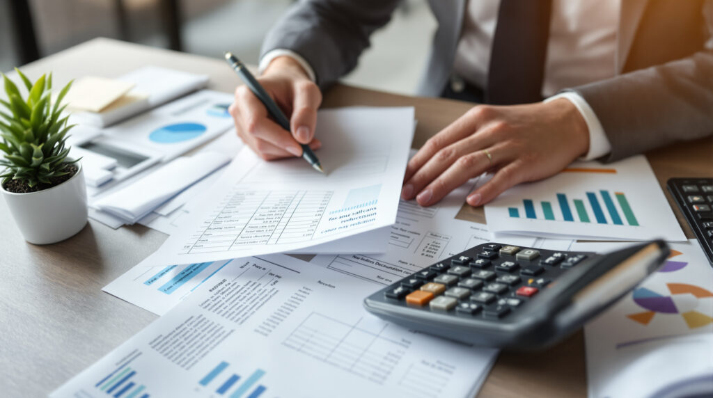 A person at a desk reviewing financial charts and using a calculator to find all available tax deductions.