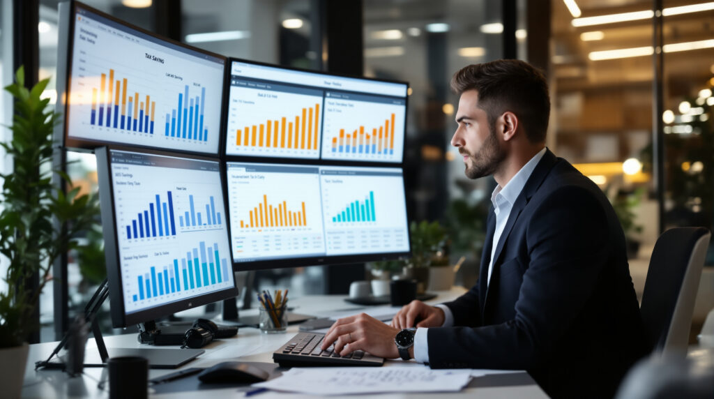 A high-income professional in a suit analyzing complex financial data and tax planning strategies on a large computer monitor.