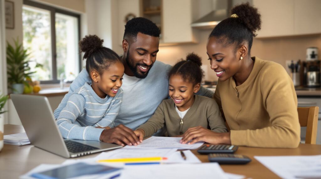 A smiling family with two young daughters gathered around a laptop, learning about the Child Tax Credit.