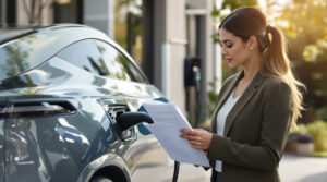 A woman reviewing documents for the electric vehicle tax credit while her EV charges in the background.