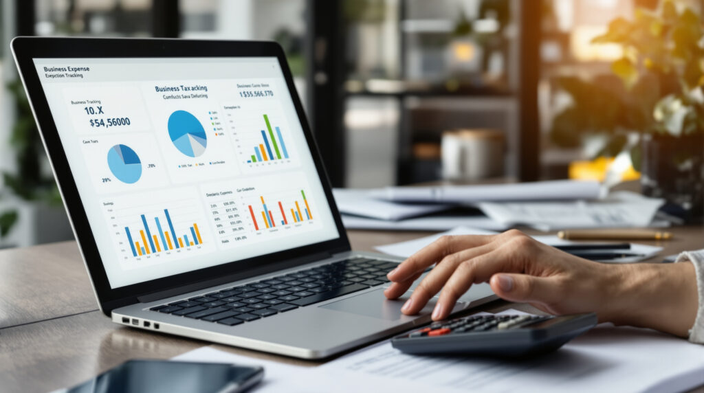 A person using online tax services on a laptop to review business expense tracking and other financial data.