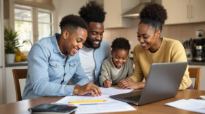 A smiling family of four sits at their kitchen table, using a laptop and calculator to determine their eligibility for the Earned Income Tax Credit.